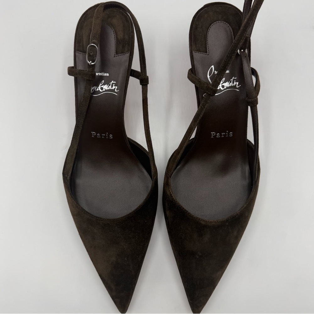 NEW NIB Christian Louboutin Cosme Brown Velour Suede Condoroline Slingback Heels